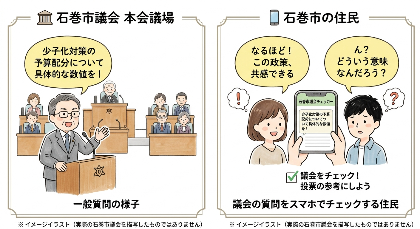 議員が一般質問を行い住民がスマホで議会をチェックする様子のイラスト